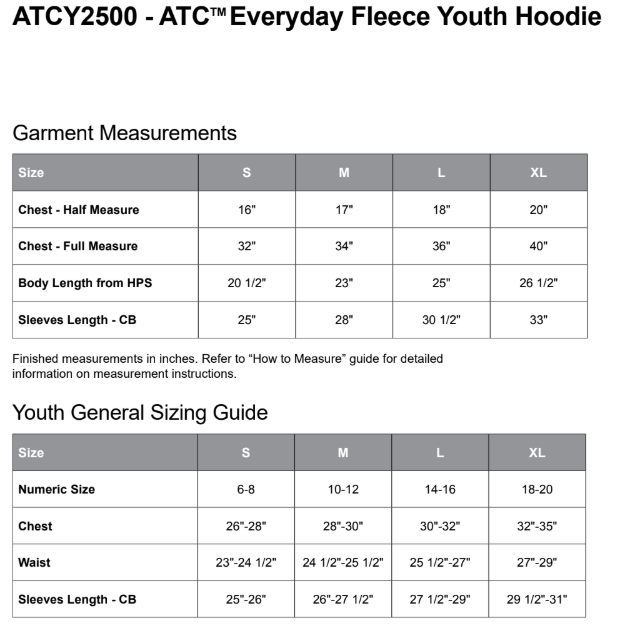 Youth sizing for hoodie
